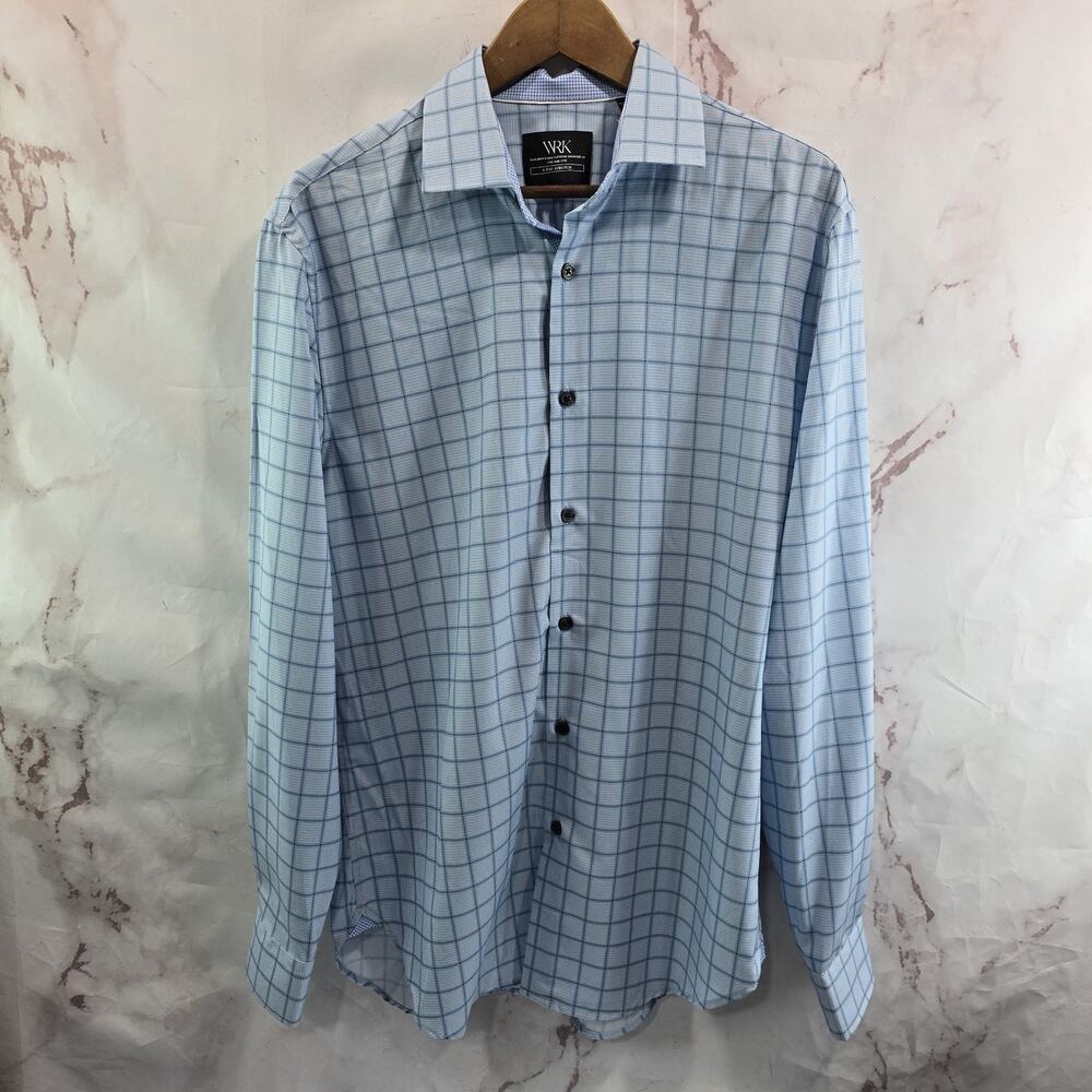 WRK Shirt Mens 16 Blue Button Up Windowpane Long Sleeve Performance 4 Way